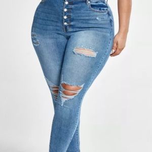 Super Skinny Button Fly Destructed Jeans